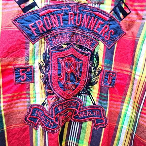 Parish Nation Powerhouse Front Runners Men's Flannel Shirt 2XL Red Plaid Patches - Picture 6 of 13
